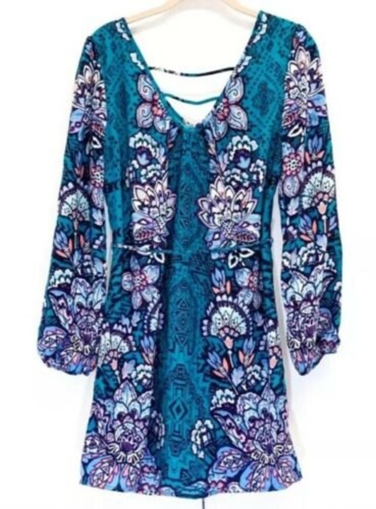 Resortwear Pink Owl Boho Long Sleeve Dress Floral Moroccan Blue Summer